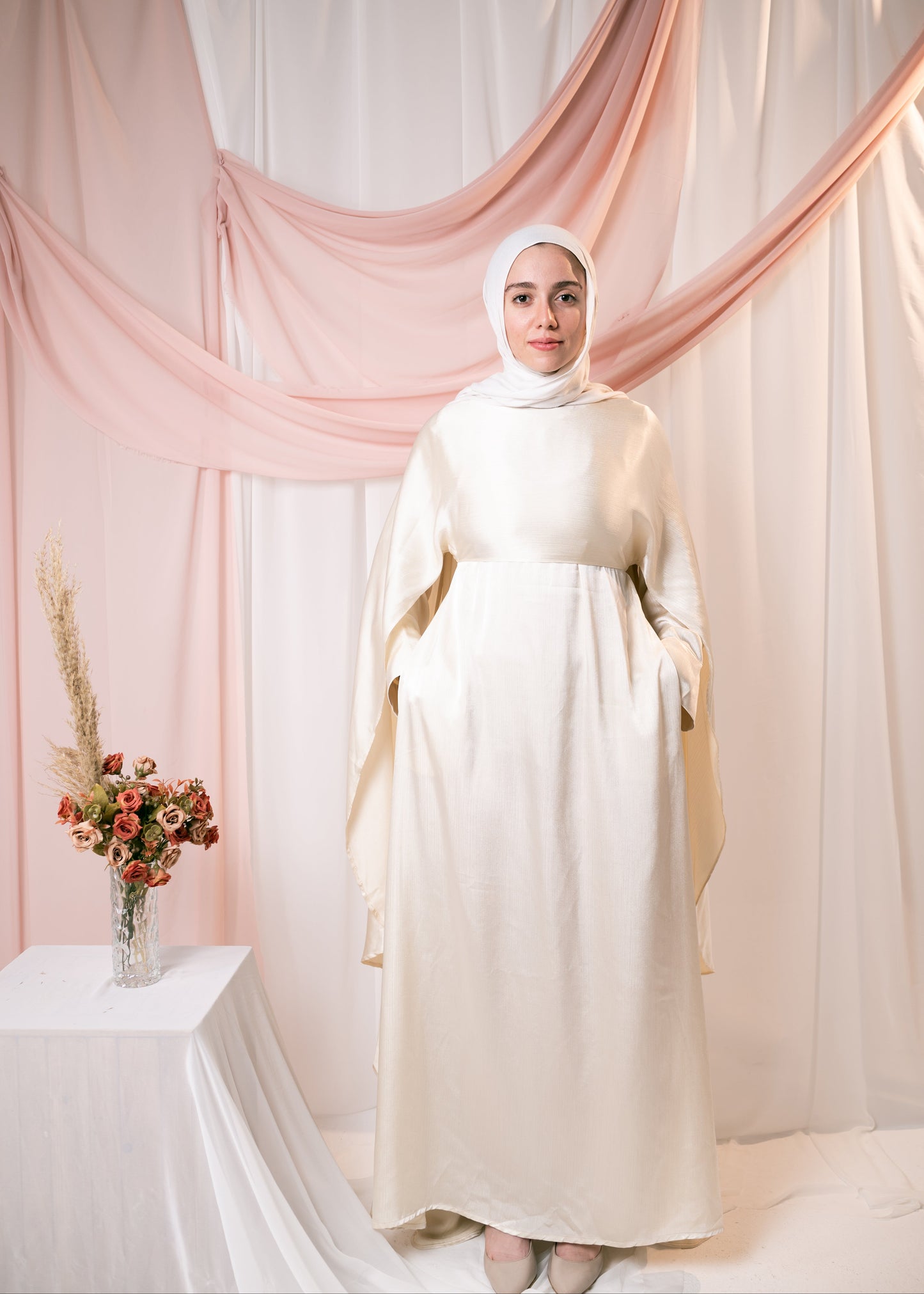 AHLAM Cape Dress In Pearl White