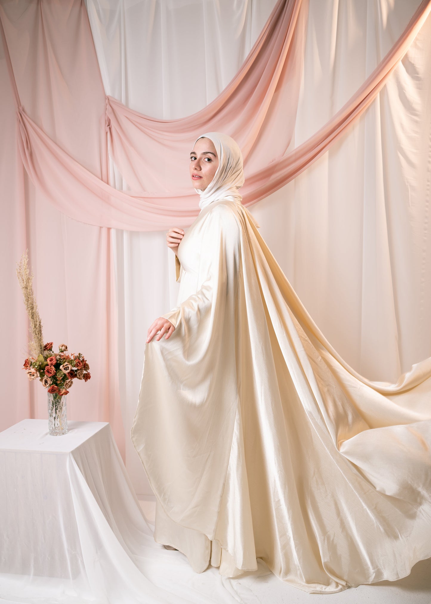 AHLAM Cape Dress In Pearl White